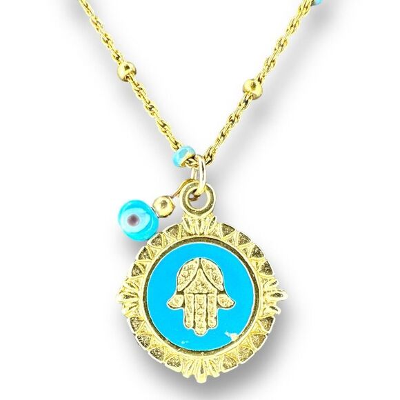 Hamsa Pendant with Evil Eye Dangle Bead Dainty Necklace Gold Plated Chain 17.5" - Picture 1 of 7